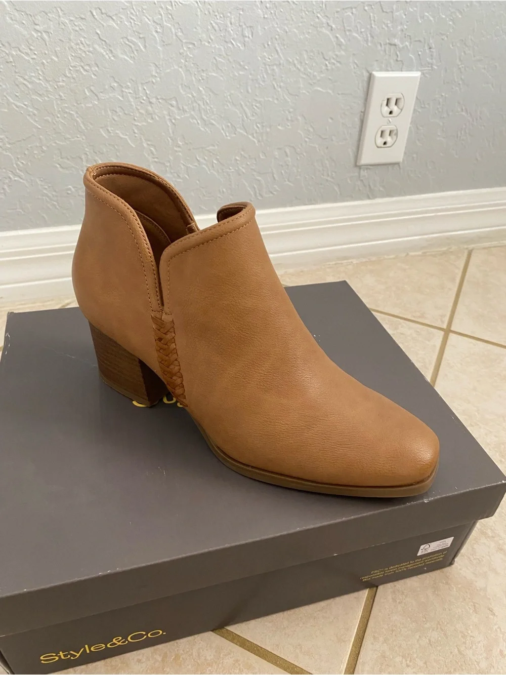Style & Co. Tan Cognac Ankle Booties Block Heel Side Zip NIB